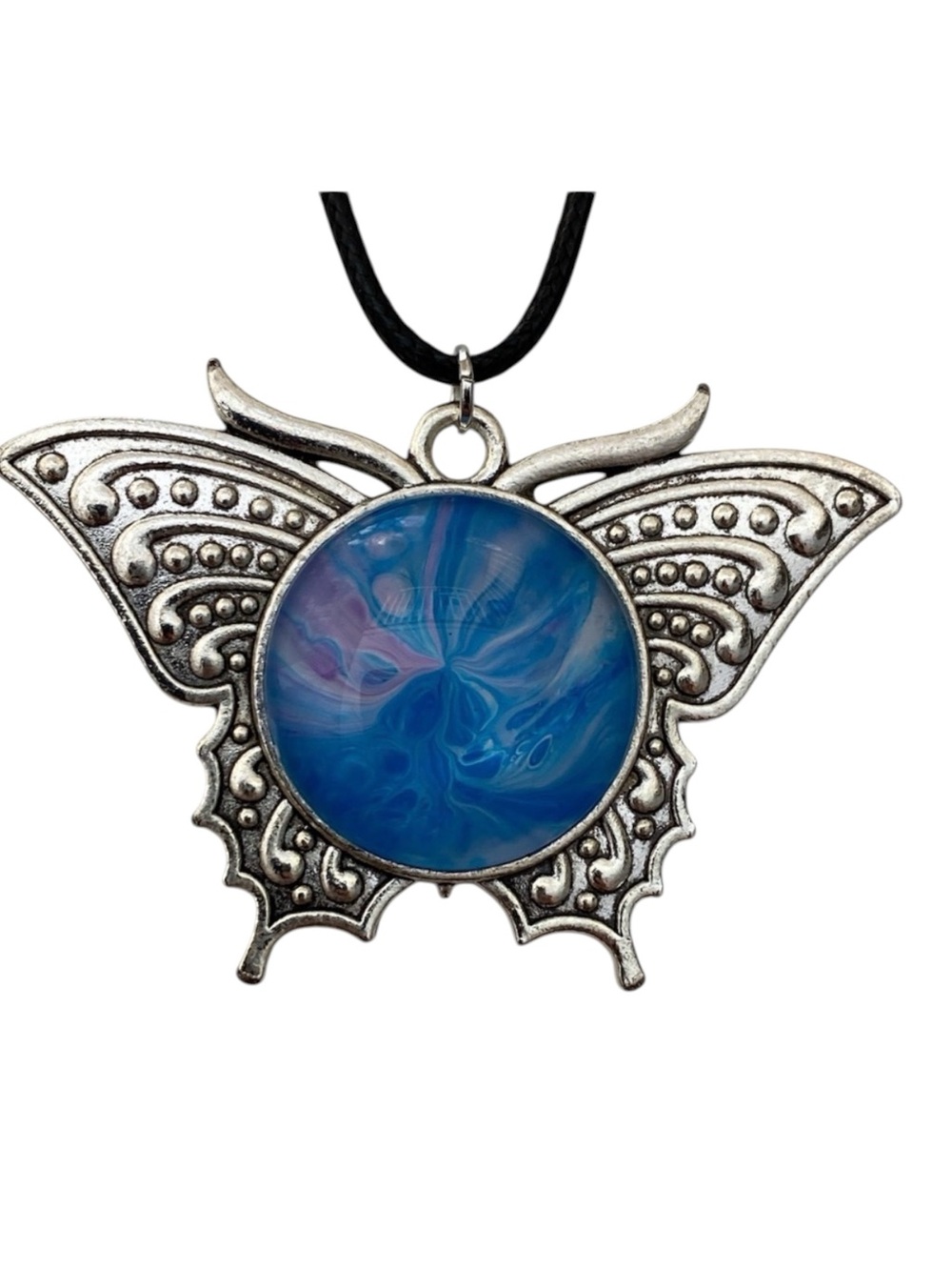 Hand Crafted Fluid Art Butterfly Necklace by Svetlana Yeung Pink Blue Pendant